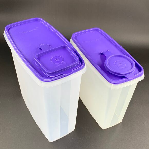 Tupperware Cereal Storage Containers 19 & 13 Cups Purple Lids Clear Frosted - Picture 2 of 7